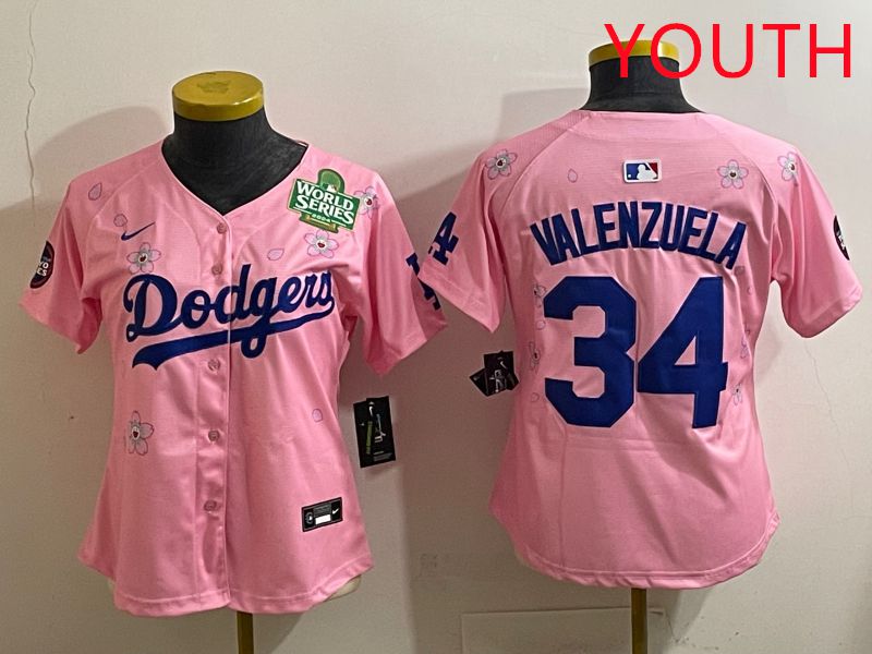 Youth Los Angeles Dodgers 34 Valenzuela Pink Sakura Edition 2025 Nike MLB Jersey style 38